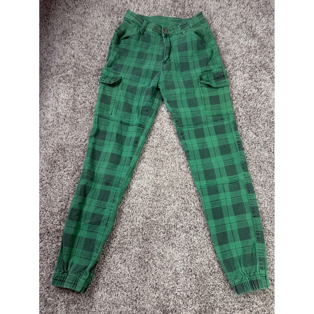 Vintage Green Plaid Cargo Jogger Pants Small Buffalo Check High Waist Retro 0931